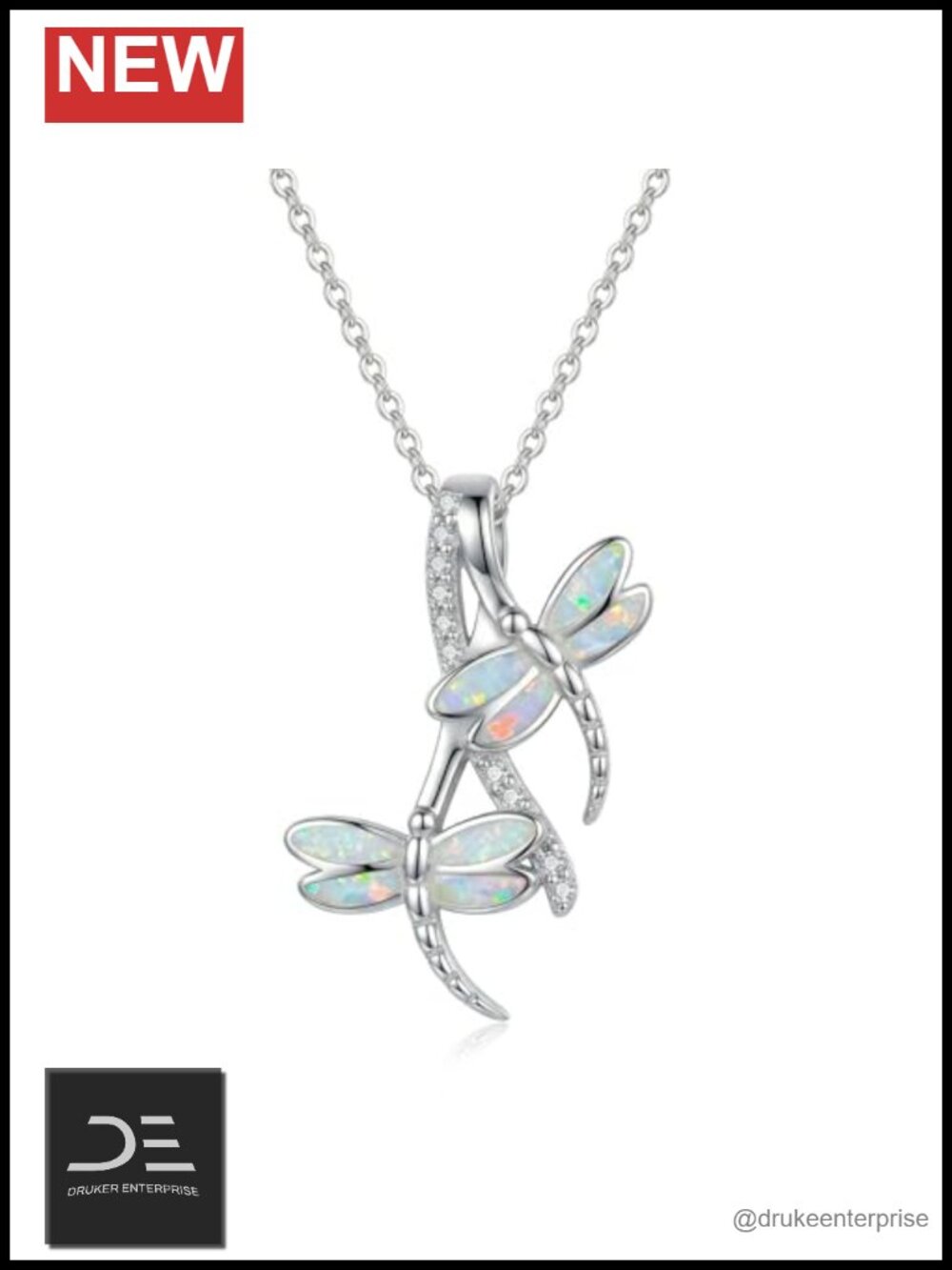 Dragonfly Pendant Necklace White Gold Plated Opal Women Gift